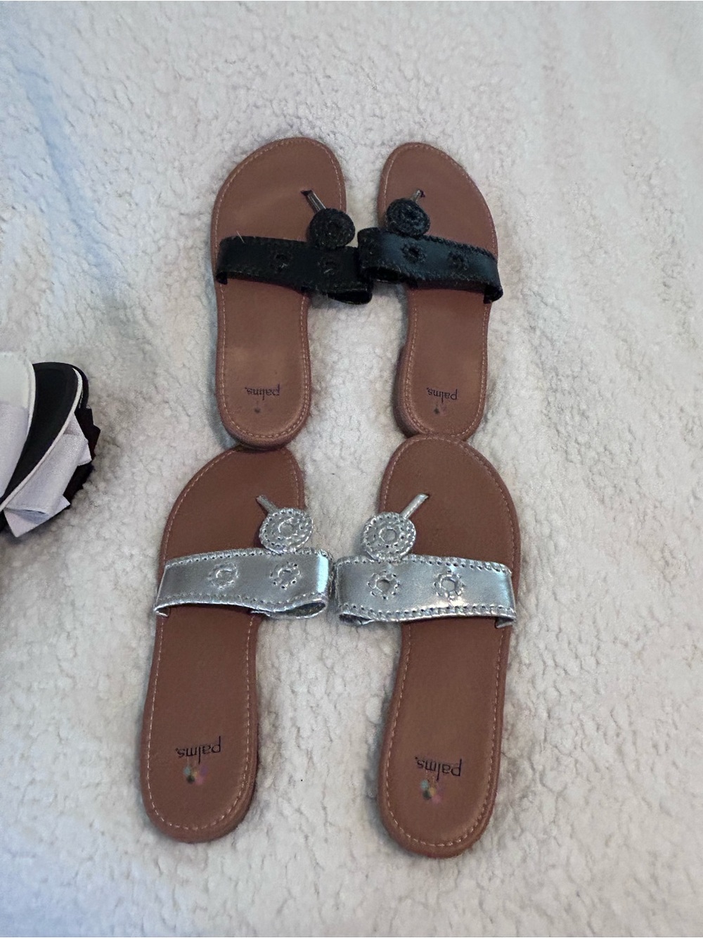 Palm-Embellished Slide Sandals in Silver and Black